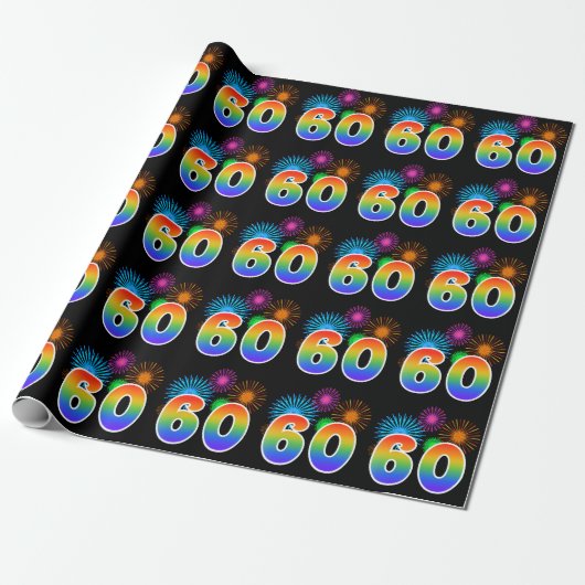 Leuk vuurwerk + regenboogpatroon "60" Evenementnum Cadeaupapier (Uitgerold)