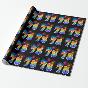 Leuk vuurwerk + regenboogpatroon "75" Evenementnum Cadeaupapier