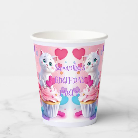 Leuk wit Kat & Cupcake Girly Verjaardagsfeestje Papieren Bekers (Achterkant)