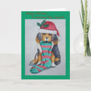 leuk zwart en bruin puppy met kousKerstmis Feestdagen Kaart
