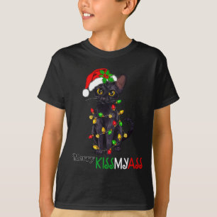 Leuk Zwart Kat Vrolijk Kissmyass Xmas Pyjama Kerst T-shirt