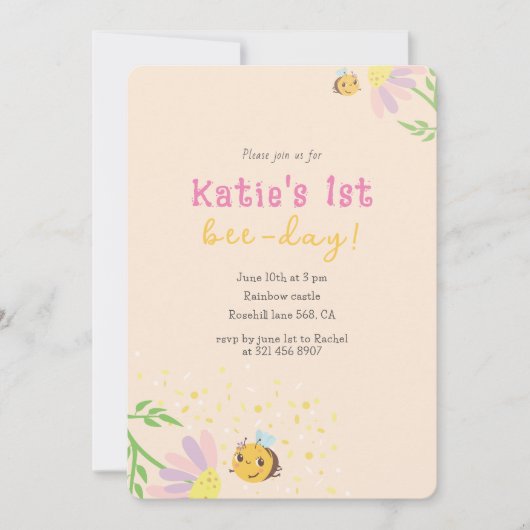 Leuke 1e beeday pastel uitnodiging (Voorkant)