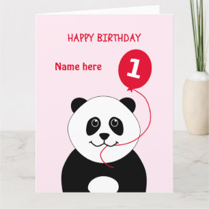 Leuke 1e verjaardag panda voeg naam toe roze kaart