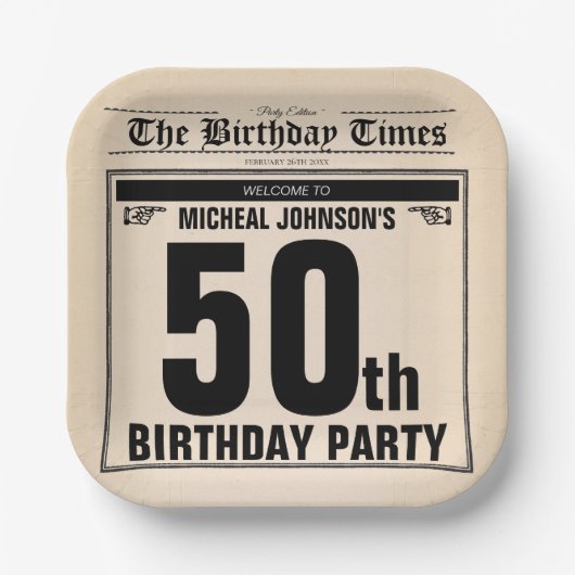 Leuke 50e Verjaardag Oude Krant  Custom Papieren Bordje (Voorkant)