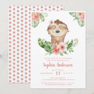 Leuke 5e verjaardag luiaard meisje uitnodiging