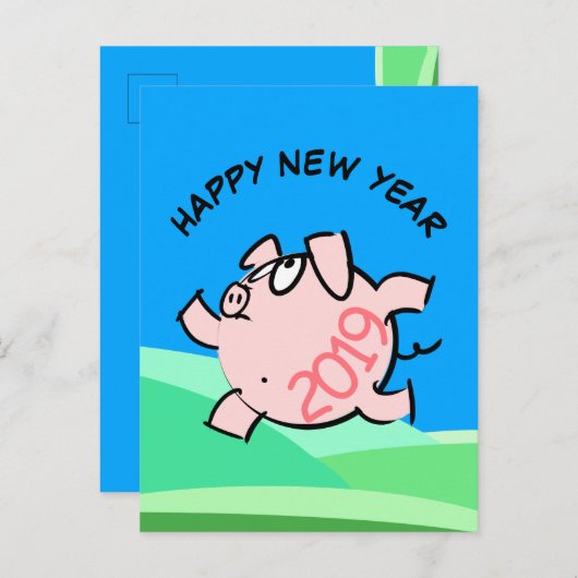Leuke 6b Cartoon Illustratie Varken Jaar 2019 Post Uitnodiging Briefkaart (Voorkant / Achterkant)