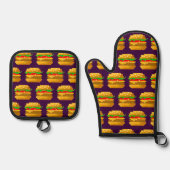 Leuke 8-bit hamburger kleurrijke fast food fun pix ovenwant & pannenlap set (Voorkant)
