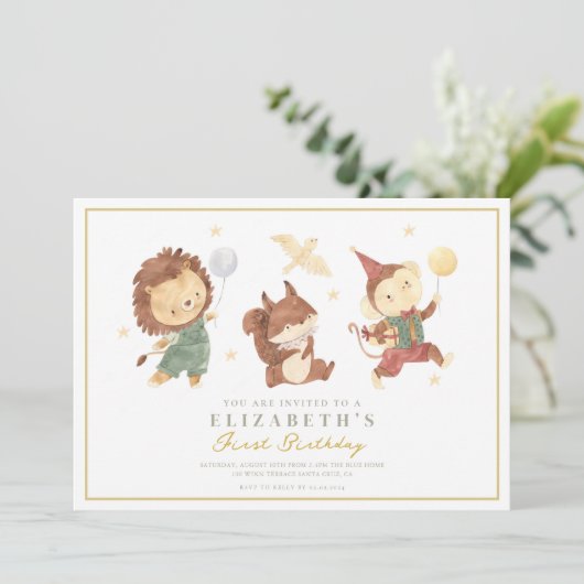 Leuke Aap, eekhoorn en leeuw Eerste Verjaardag Kaart (Staand voorkant)
