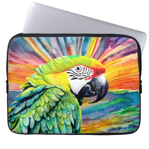 Leuke AI Gegenereerde Waterverf Stijl Groene Papeg Laptop Sleeve