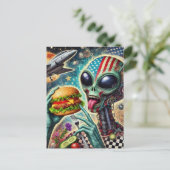 Leuke Alien Eten Cheeseburger Encaustic Collage Briefkaart (Staand voorkant)