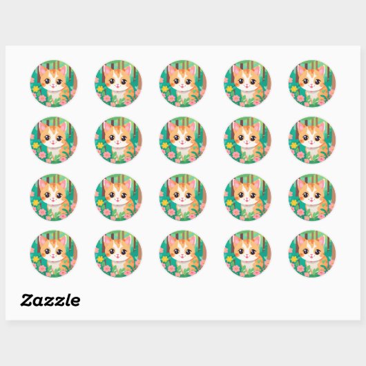 Leuke anime kat met bloemen ronde sticker (Vel)