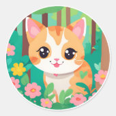 Leuke anime kat met bloemen ronde sticker (Voorkant)