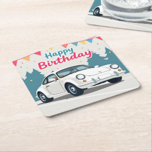 Leuke auto-thema Happy Birthday Vierkante Kartonnen Onderzetter