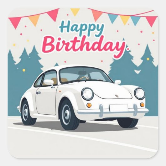 Leuke auto-thema Happy Birthday Vierkante Sticker (Voorkant)