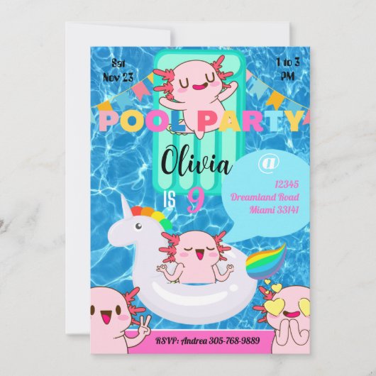 Leuke Axolotl Zomer Zwembad Party Uitnodiging (Voorkant)