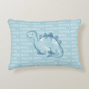 Leuke Baby Blauwe Dinosaurus met Naam Waterverf Accent Kussen