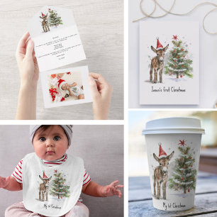 Leuke baby ezel en kerstboom, aanpasbaar all in one uitnodiging