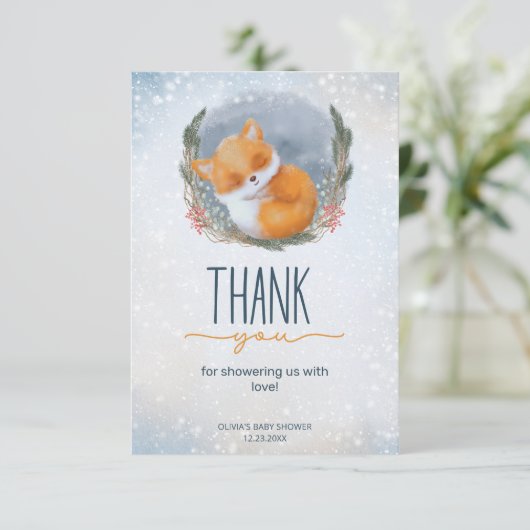 Leuke Baby Fox Sneeuwig Winter Baby shower Dank je Kaart (Staand voorkant)