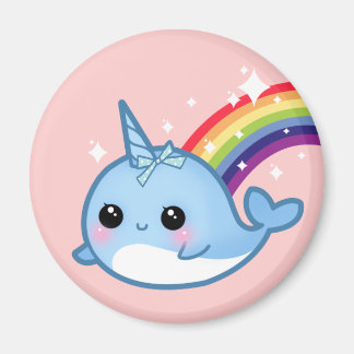Leuke baby narwal met regenboog en sterren op roze magneet