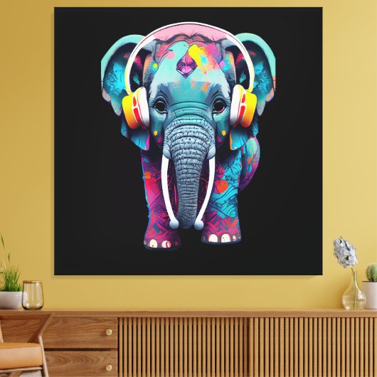 Leuke Baby Olifant met Hoofdtelefoon Canvas Afdruk (Insitu (Woonkamer))