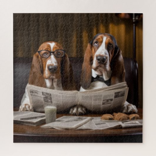 Leuke basset hounds lezen krant legpuzzel (Verticaal)