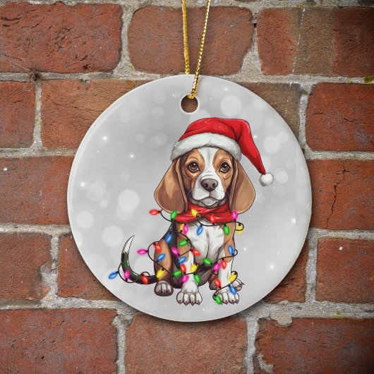 Leuke Beagle Hond Verpakt in Kerstverlichting Keramisch Ornament