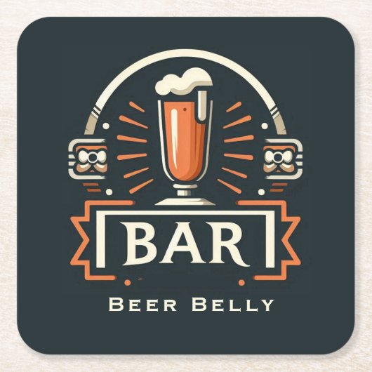 Leuke Beer Belly Bar, Bier Mok Logo Vierkante Kartonnen Onderzetter (Voorkant)