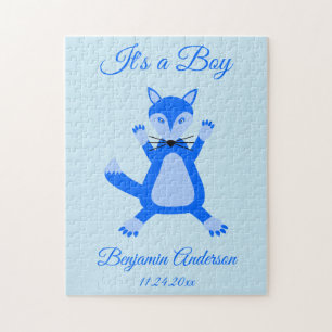 Leuke blauwe baby jongen vos geboorte aankondiging legpuzzel