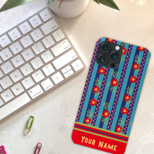 Leuke Blauwe Streep Bloemen Patroon Inspirivity iPhone 13 Pro Max Hoesje