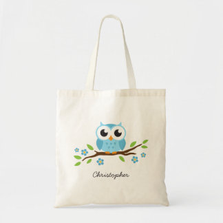 Leuke blauwe uil op bloementak gepersonaliseerde tote bag