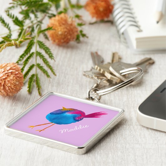 Leuke blauwe vogel waterverf sleutelhanger (Zijkant)