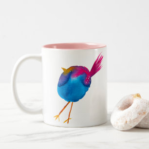 Leuke blauwe vogel waterverf tweekleurige koffiemok
