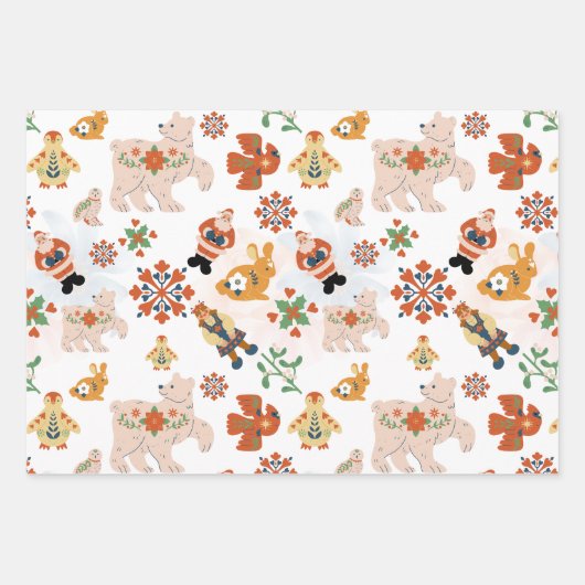 Leuke Bloemen Kerst Patroon met Kerstman, 3 set Inpakpapier Vel (Voorkant)