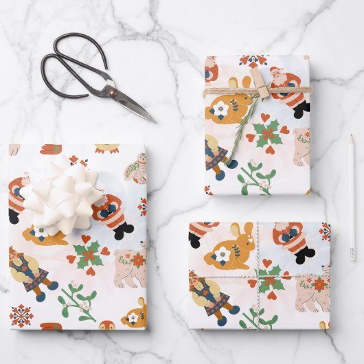 Leuke Bloemen Kerst Patroon met Kerstman, 3 set Inpakpapier Vel (Voorkant)