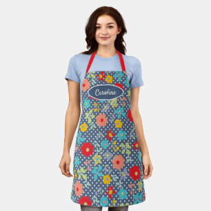 Leuke Bloemen Polkadots Patroon op Blauw Schort