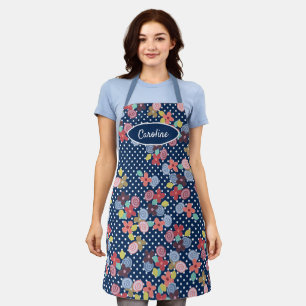 Leuke  Bloemen Polkadots Patroon op Blauw Schort