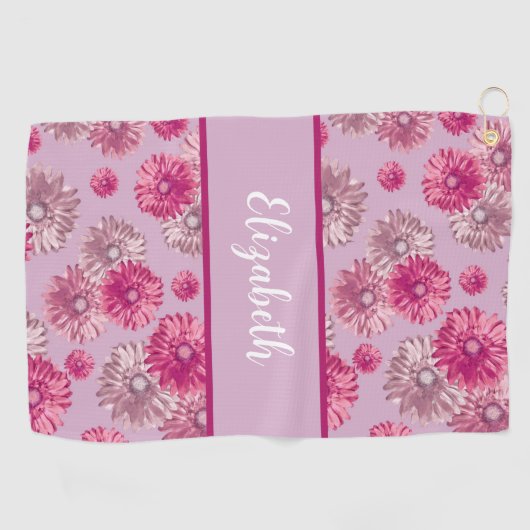 Leuke bloemen roze gepersonaliseerde naam cadeau v golfhanddoek (Horizontaal)