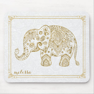 Leuke bloemenolifant & Lijst gouden glitter op wit Muismat