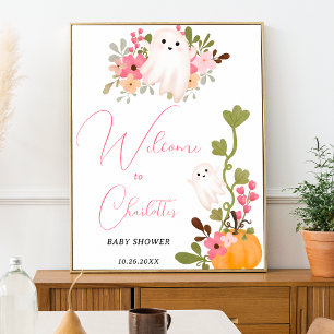 Leuke bloemenspookpompoen welkom baby shower poster