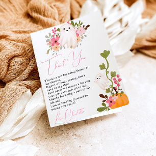 Leuke bloemige spookpompoen kleine boo baby shower bedankkaart
