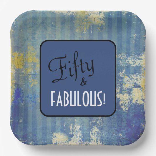 Leuke Blue Denim Pattern Fifty & FABULOUS! Birthda Papieren Bordje (Voorkant)