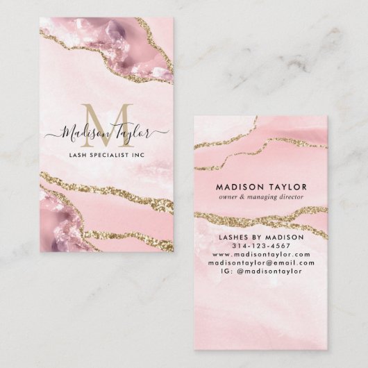 Leuke Blush Roze Goud Glitter Marmer Agaat Monogra Visitekaartje (Voorkant / Achterkant)