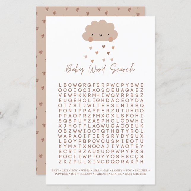 Leuke Boho Rain Cloud Baby shower Woord Search Gam (Voorkant / Achterkant)