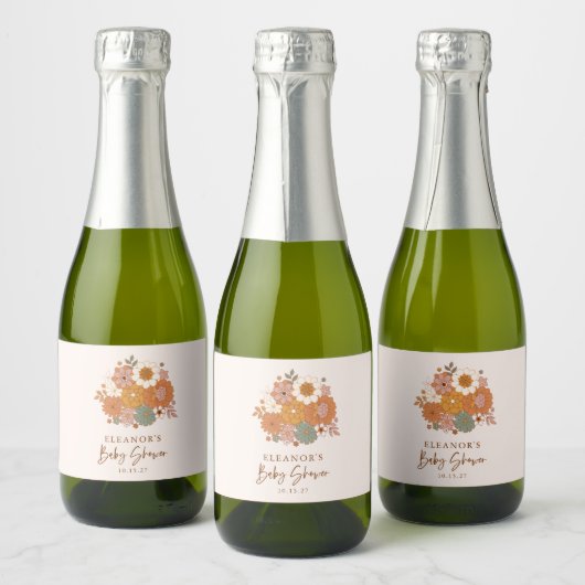 Leuke Boho Retro Bloemen Baby shower Aangepaste na Sparkling Wijnetiket (Flessen)
