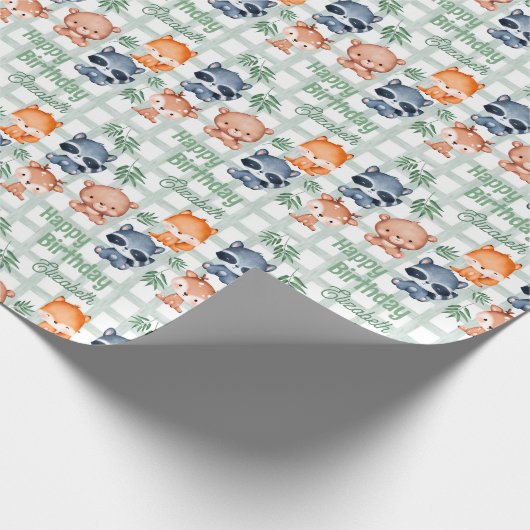 Leuke Bos Dier Mint Geruite Kinderen Verjaardag Cadeaupapier (Hoek)