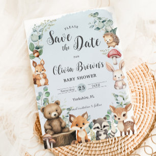 Leuke bosdieren groen blauw Baby shower Save The Date