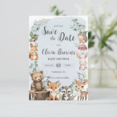 Leuke bosdieren groen blauw Baby shower Save The Date (Staand voorkant)