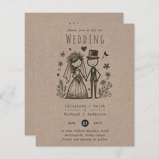 Leuke bruiloft Cartoon bruid bruidegom handgetrokk (Voorkant / Achterkant)