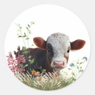 Leuke Bruine Koe zittend in de tuin Ronde Sticker