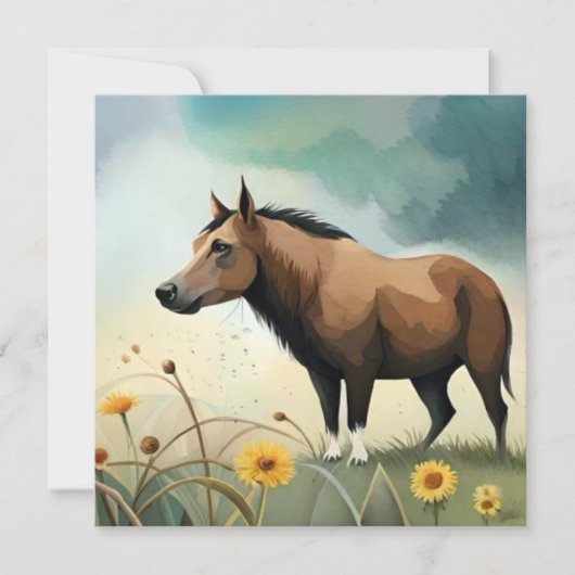 Leuke bruine pony in het bloemenveld (Voorkant)